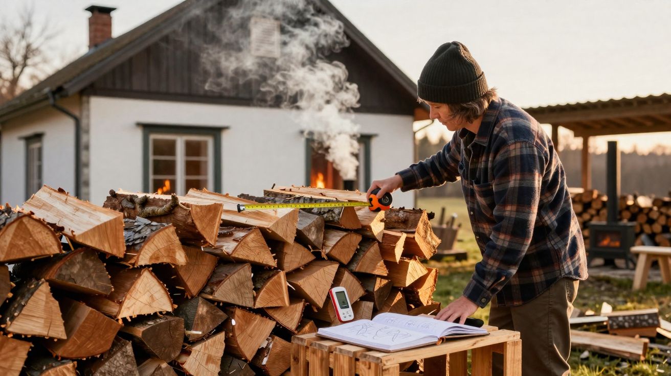 Homem a medir pilha de lenha com trena junto a casa rural com fogo na lareira ao fundo.