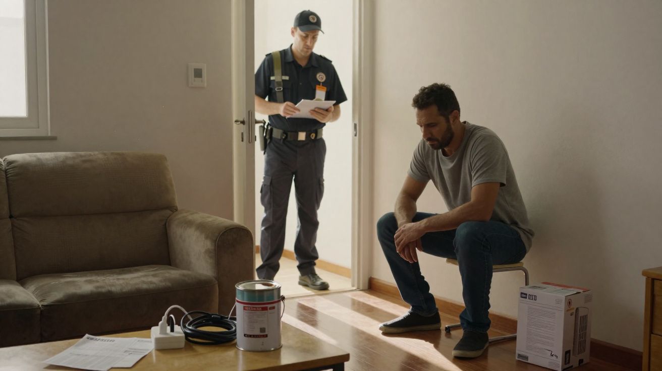 Homem sentado cabisbaixo em sala com oficial de segurança a ler documento à porta.