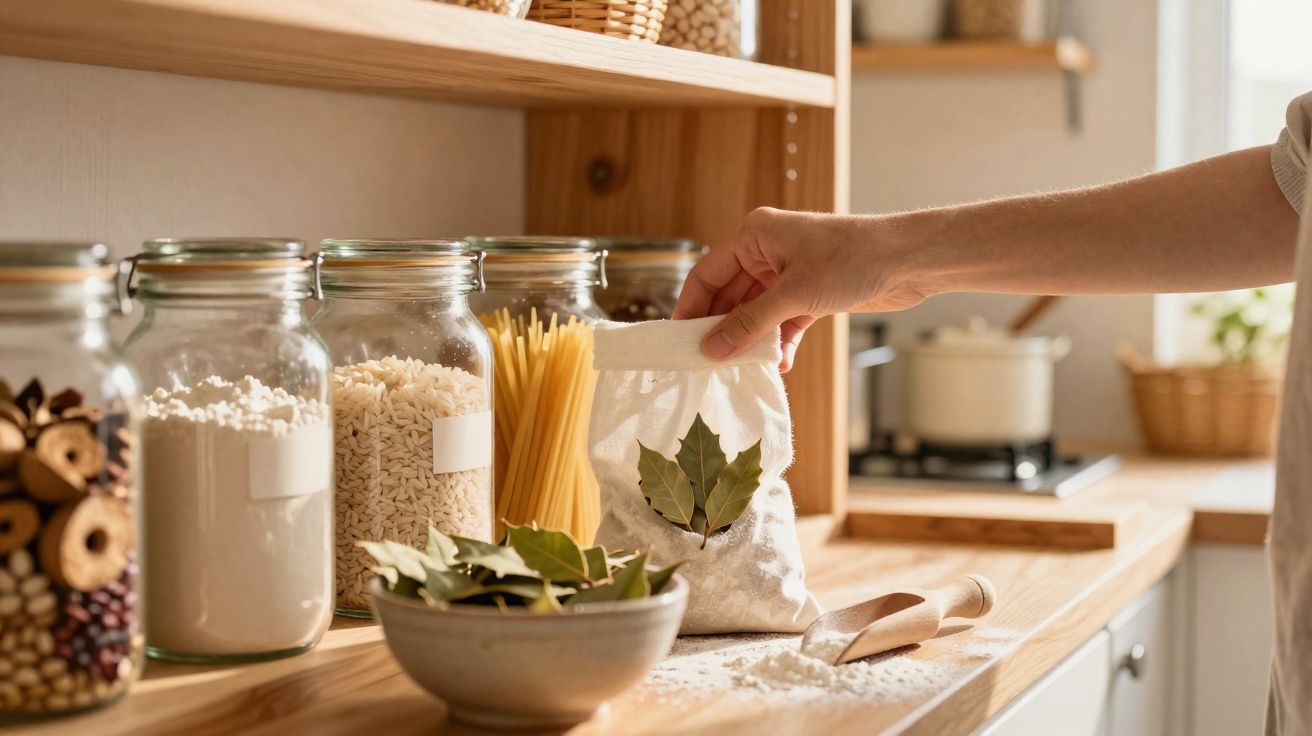 Mão a segurar saco de algodão com folhas de louro numa cozinha com potes de vidro e massa seca.