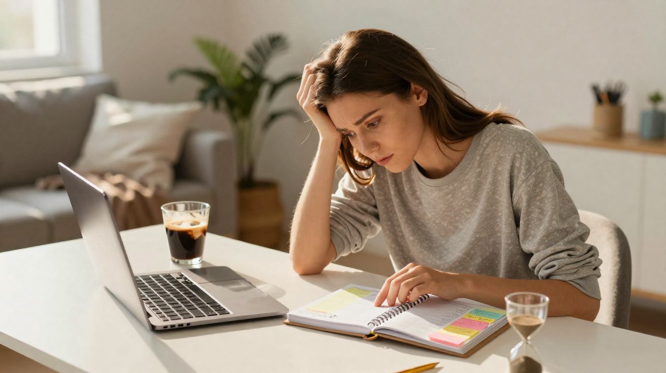 Mulher pensativa a estudar com caderno e computador num ambiente luminoso e calmo.