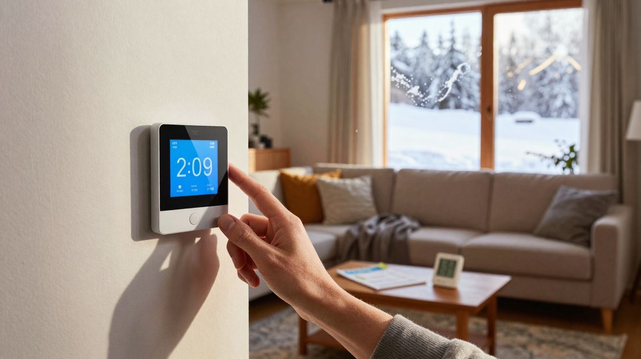 Pessoa ajusta termóstato digital numa sala de estar acolhedora com janela e neve lá fora.