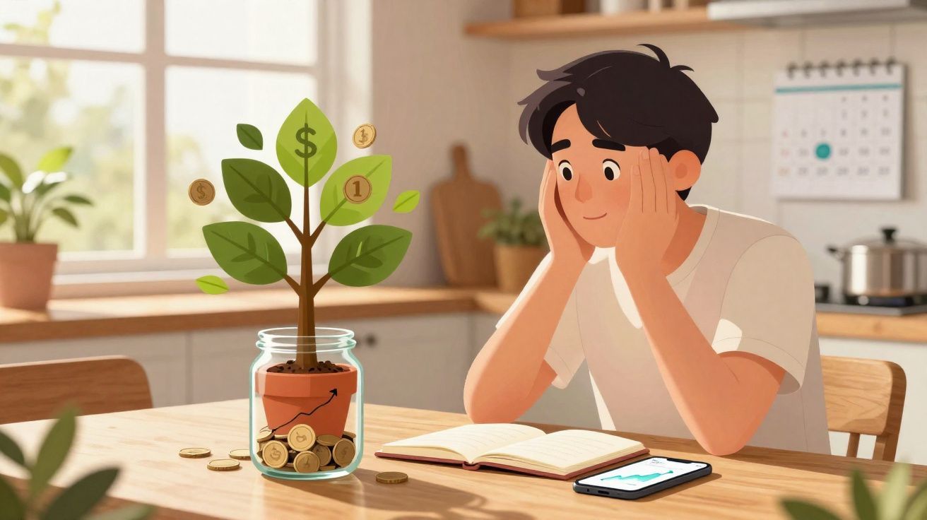 Jovem sentado à mesa a observar uma planta com moedas a crescer num frasco, simbolizando investimento e poupança.