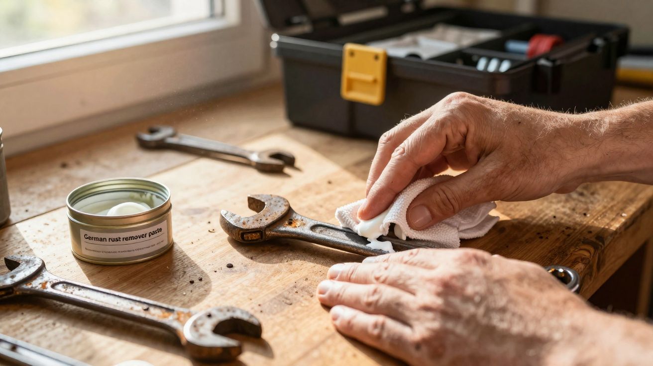 Mãos a limpar uma chave inglesa enferrujada com um pano e pasta removedora de ferrugem numa bancada de madeira.