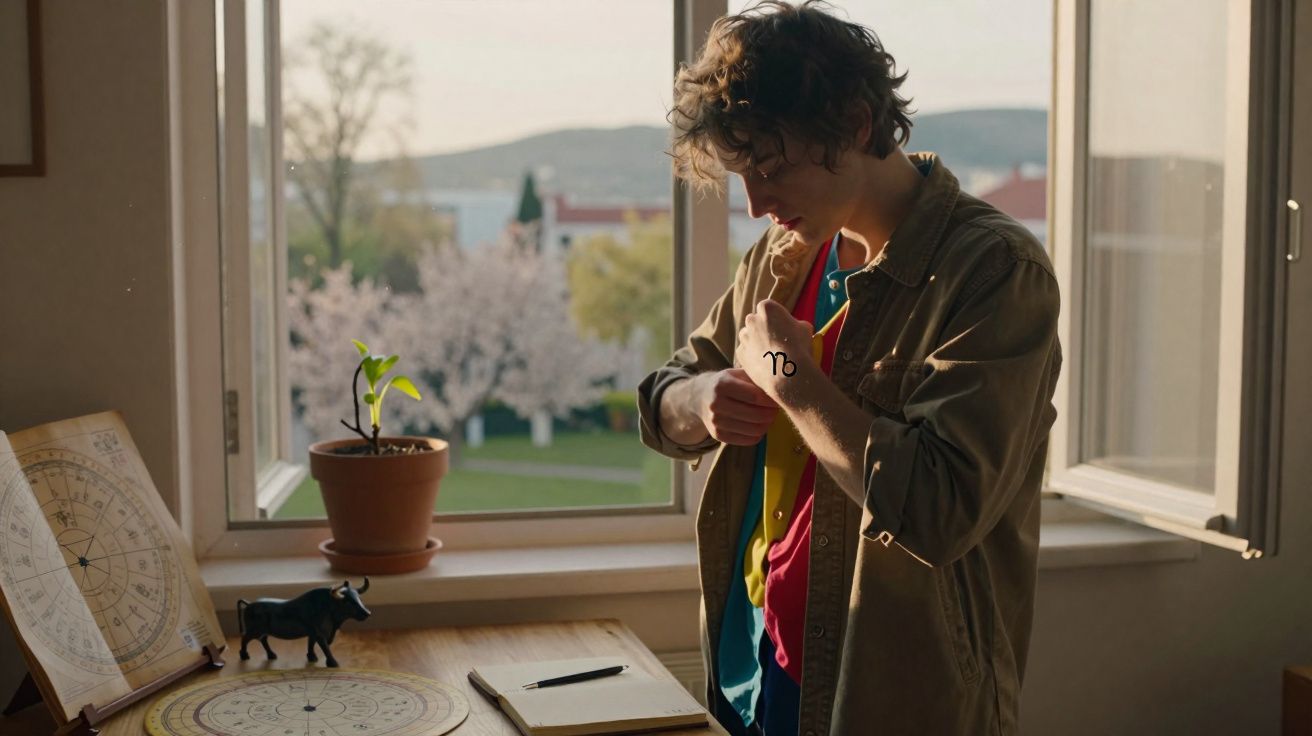 Jovem prepara-se junto a uma janela aberta, com plantas e mapas de astrologia numa mesa à sua frente.