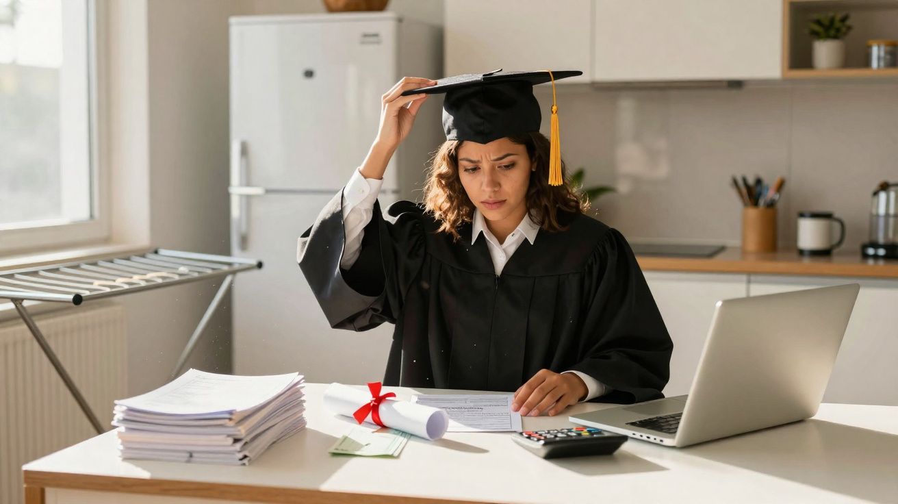 Jovem mulher de bata e chapéu de formatura confusa sobre documentos à secretária em casa.