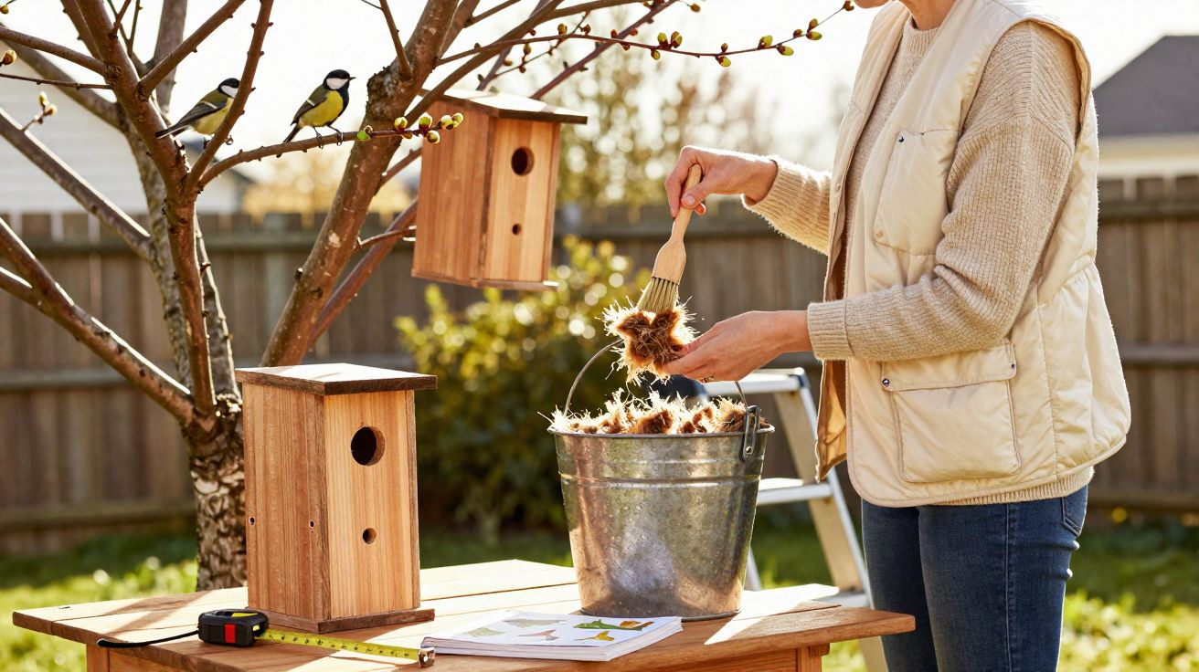 Pessoa a limpar ninhos de pássaros em dois suportes de madeira ao ar livre numa tarde solarenga.