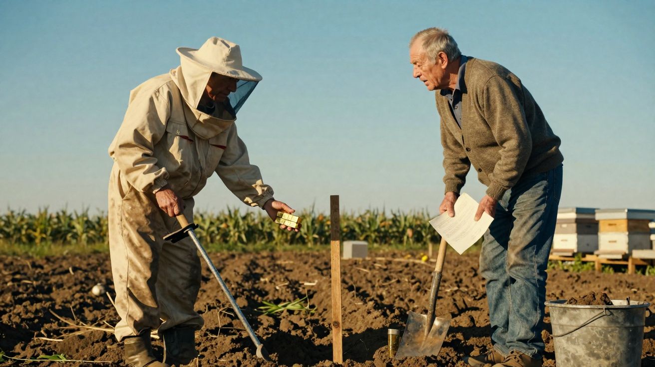 Duas pessoas a trabalhar num campo, uma com fato de apicultor e outra a segurar uma pá e papel.