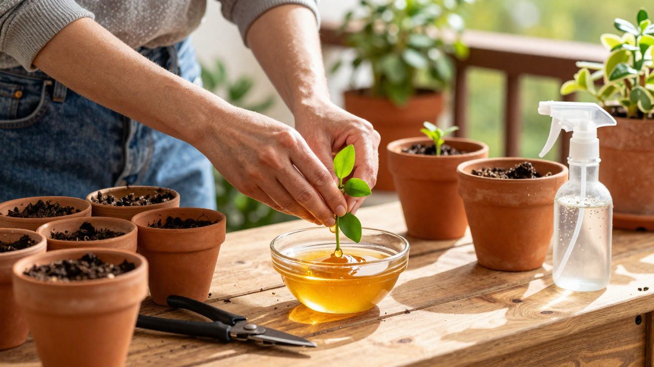 Mãos a mergulhar uma muda em líquido amarelo junto a vasos de barro com terra para plantação.