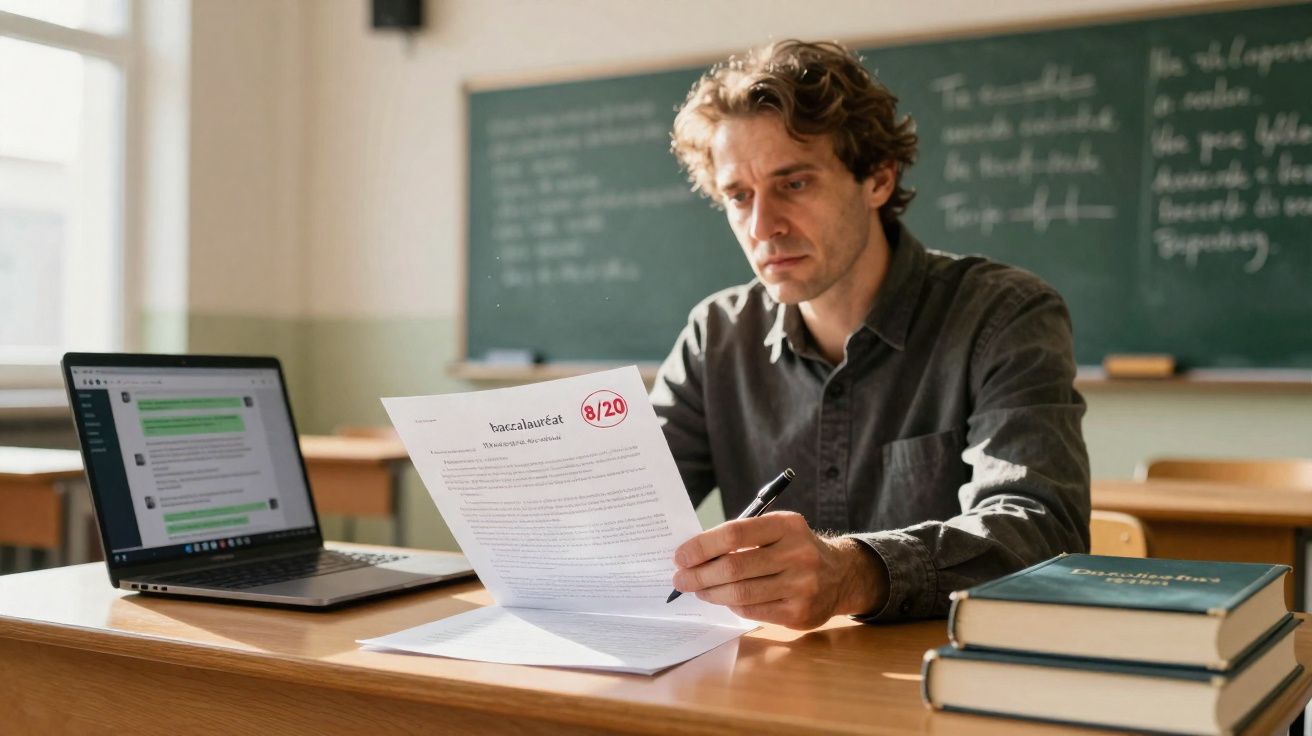 Homem sentado numa sala de aula a analisar uma folha com nota 8/20, com portátil e livros na mesa.