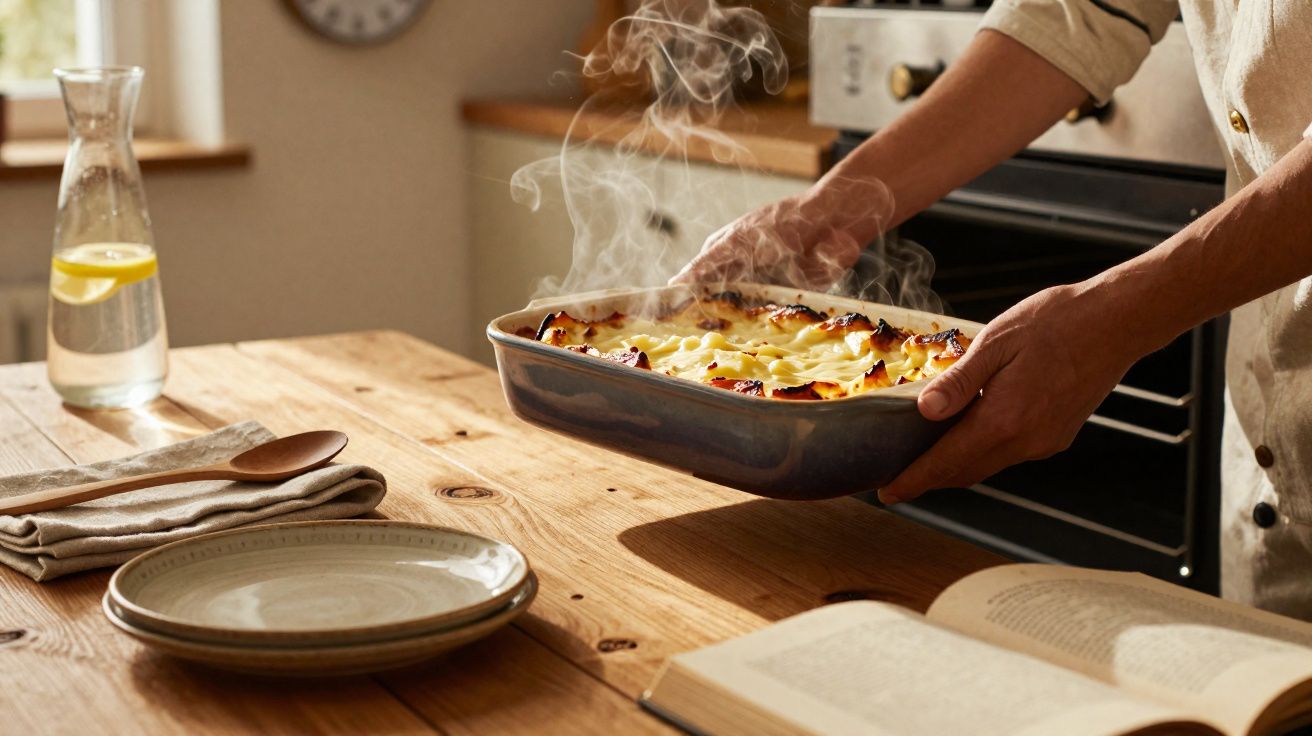 Pessoa a tirar um tabuleiro fumegante com lasanha do forno numa cozinha acolhedora.