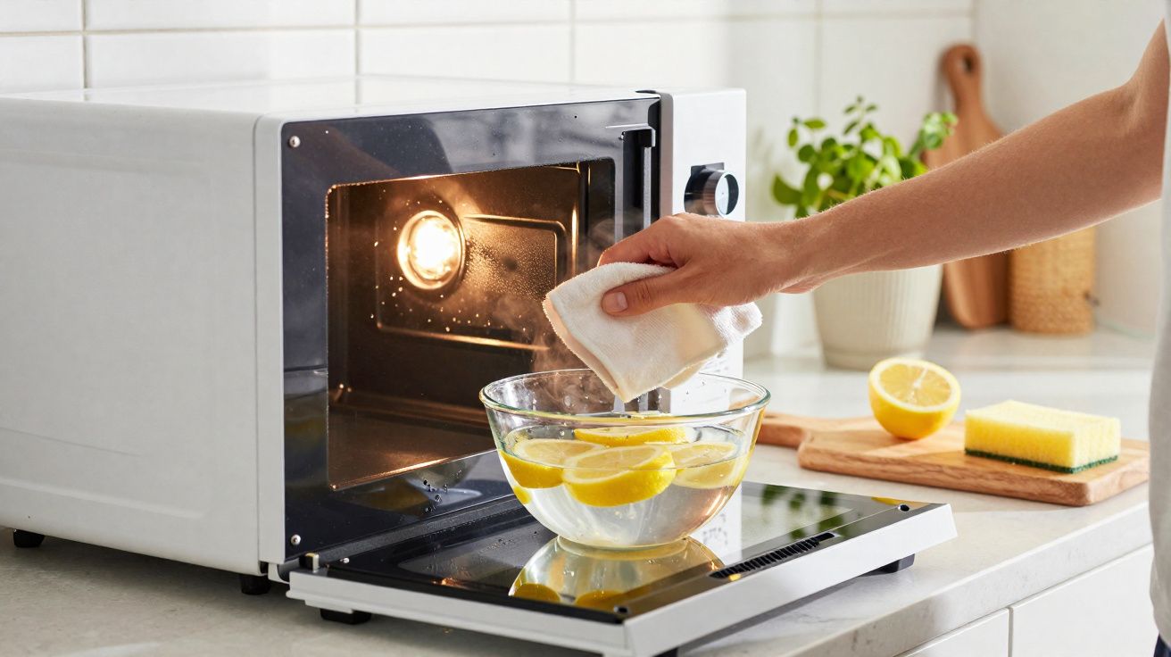 Mão a limpar interior de micro-ondas aberto com pano, tigela com rodelas de limão e vapor visível.