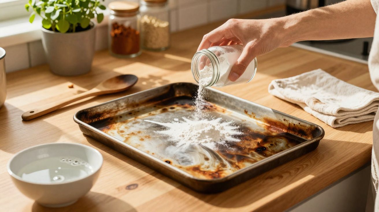 Mão a polvilhar farinha numa forma de metal numa cozinha iluminada com utensílios e plantas na bancada.