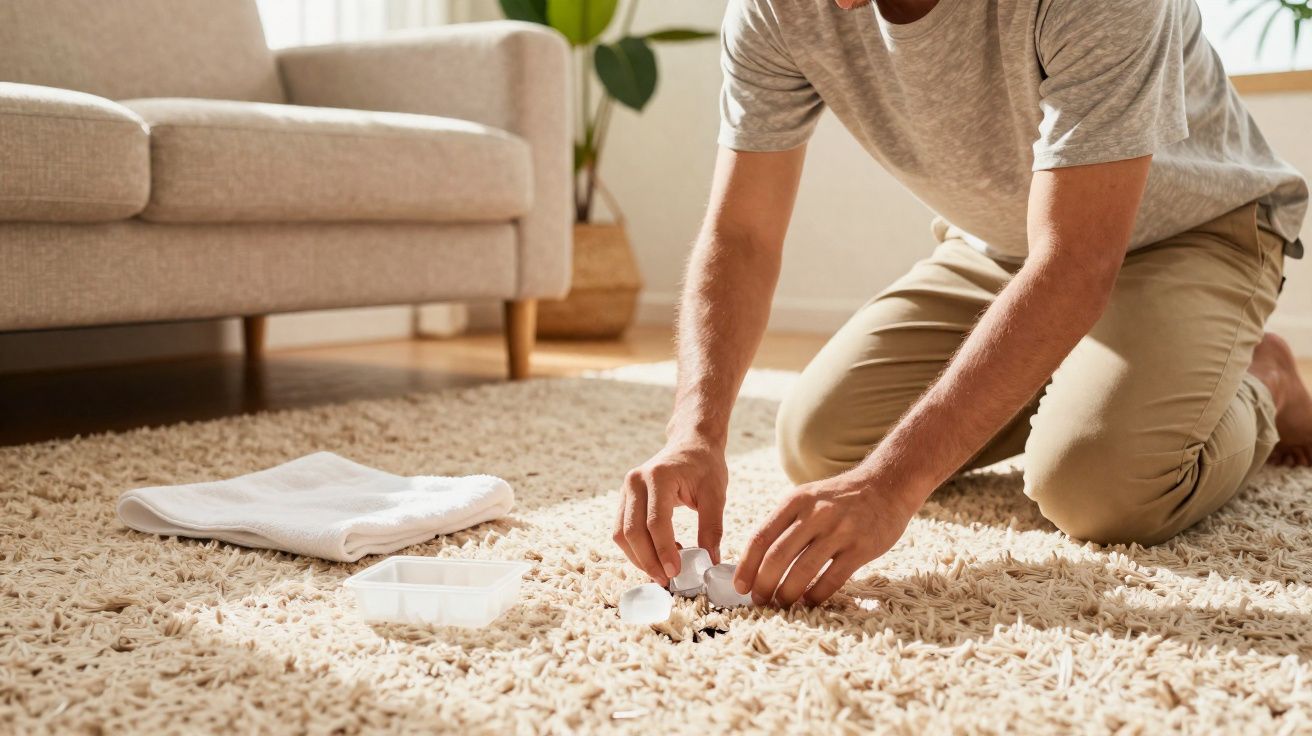 Homem a limpar uma nódoa num tapete bege claro com produtos de limpeza e uma toalha branca ao lado.
