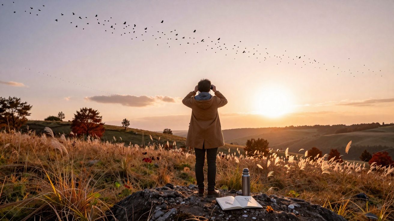 Pessoa em campo ao pôr do sol observando pássaros com binóculos, perto de caderno e garrafa térmica.