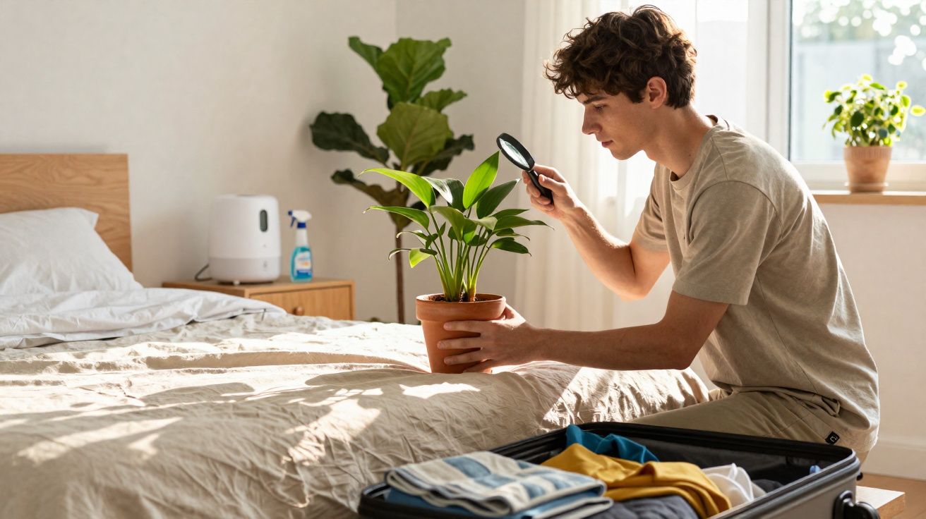 Jovem examina planta com lupa numa cama, ao lado de uma mala aberta com roupas dobradas.