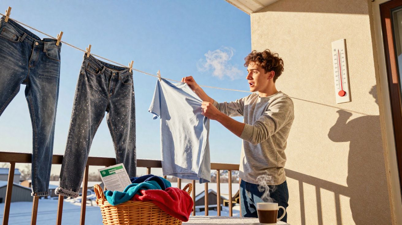 Homem a estender roupa numa varanda soalheira com cesta de roupa e chá quente em mesa.