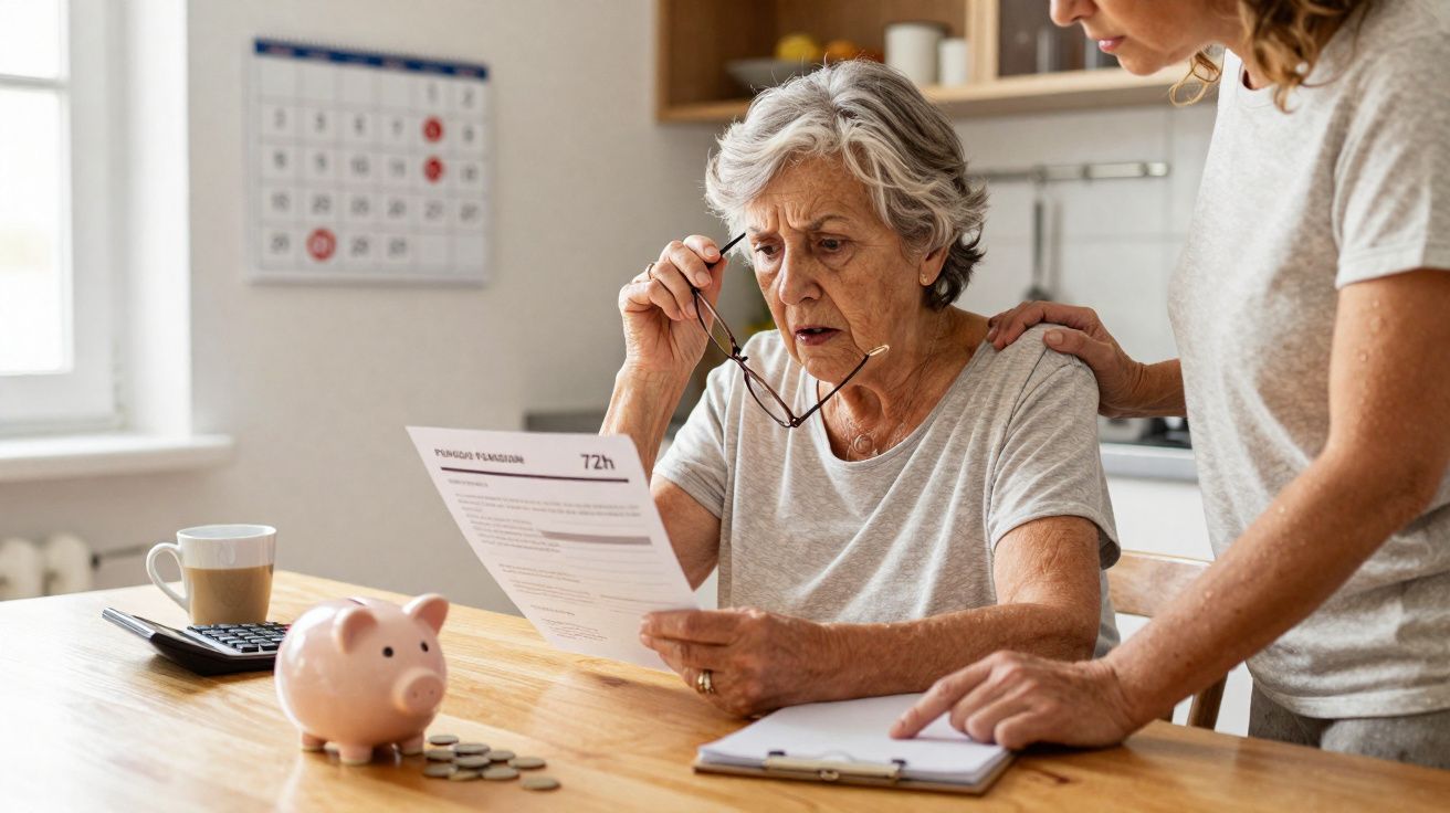 Senhora idosa preocupada a analisar uma fatura com ajuda de outra pessoa numa mesa com mealheiro e moedas.