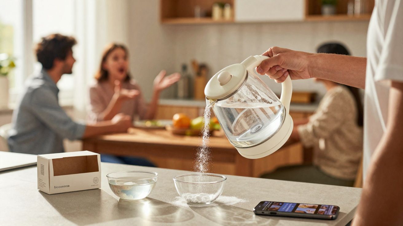 Pessoa a verter água de jarro para uma tigela transparente numa cozinha, com outras pessoas a conversar ao fundo.