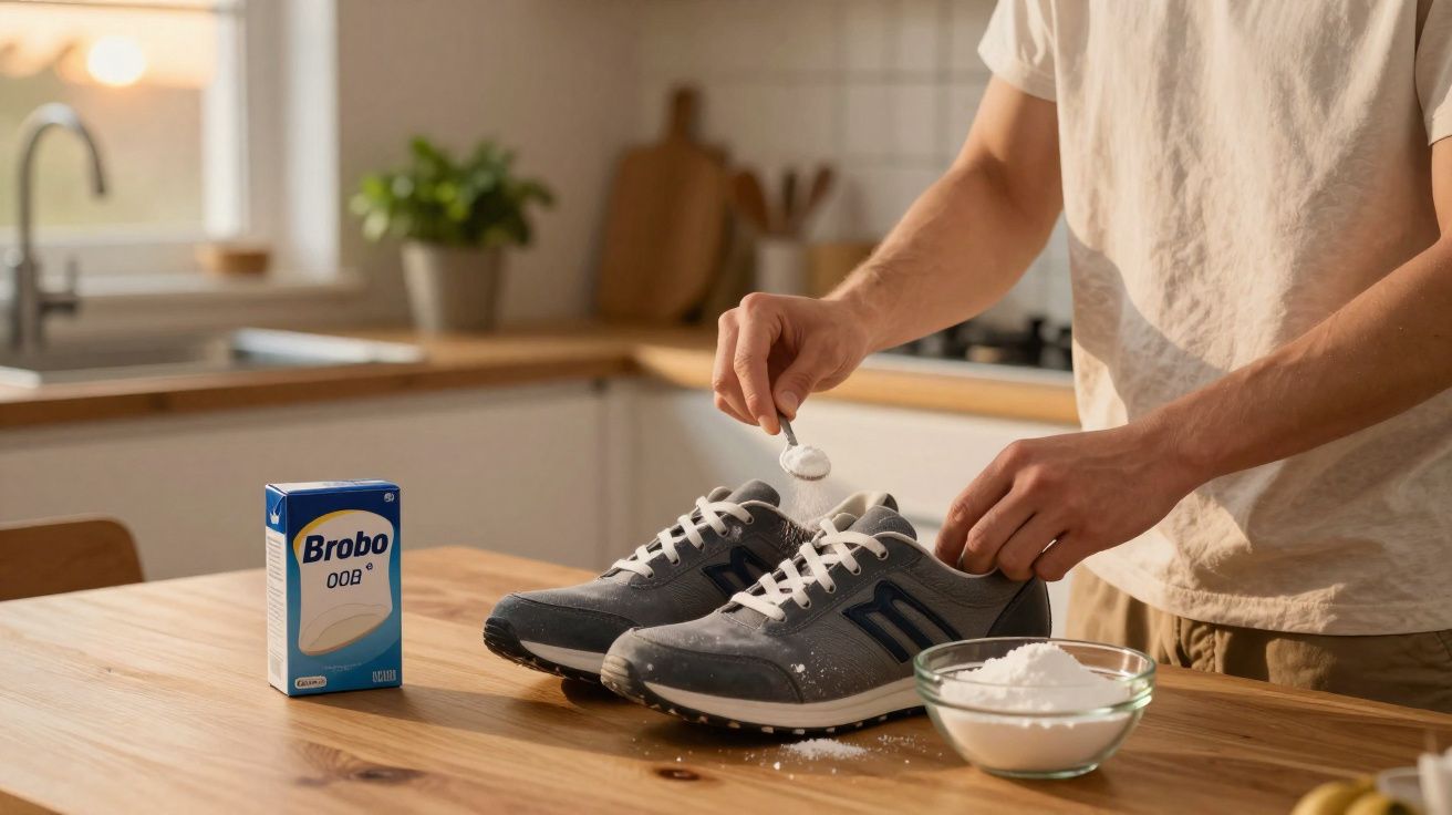 Pessoa a polvilhar pó branco em ténis cinzentos numa cozinha com caixa de bicarbonato ao lado.