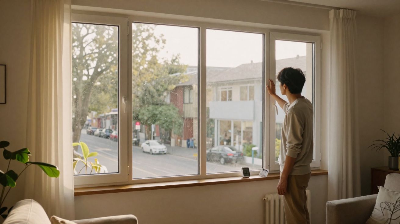 Pessoa jovem de pé junto a janela grande, olhando para a rua em ambiente iluminado e acolhedor.