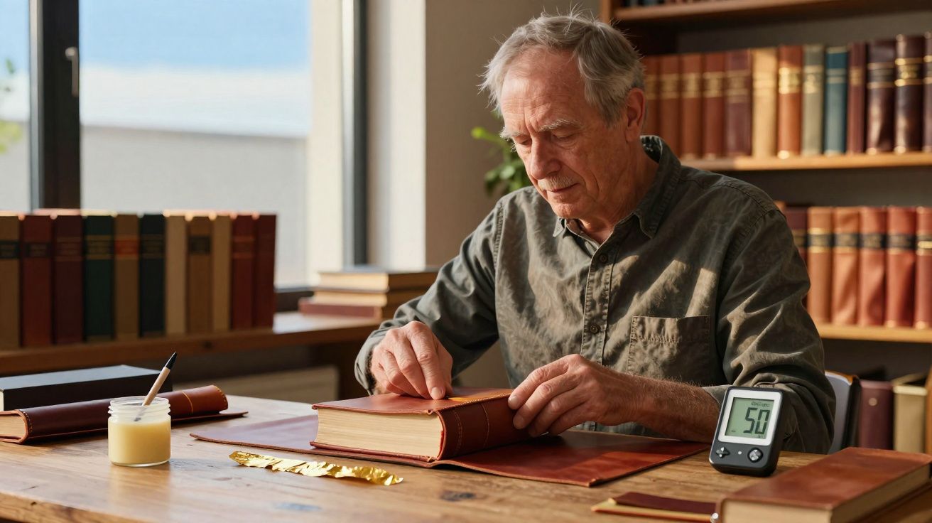 Homem idoso a restaurar um livro antigo numa biblioteca com várias estantes cheias de livros.