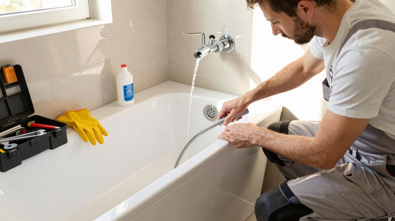 HOMEM a reparar canalização de banheira com ferramentas e luvas amarelas ao lado.