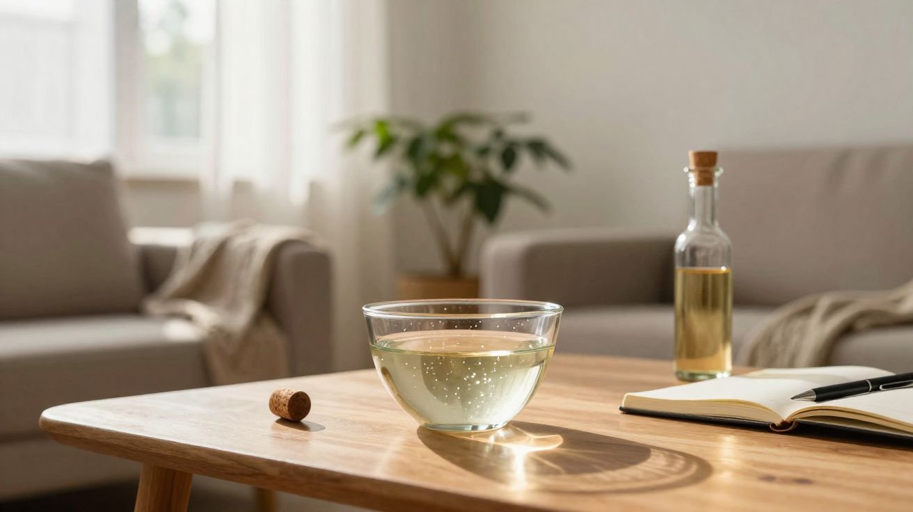 Sala de estar com mesa de madeira, taça com líquido, garrafa, caderno aberto e sofá ao fundo.