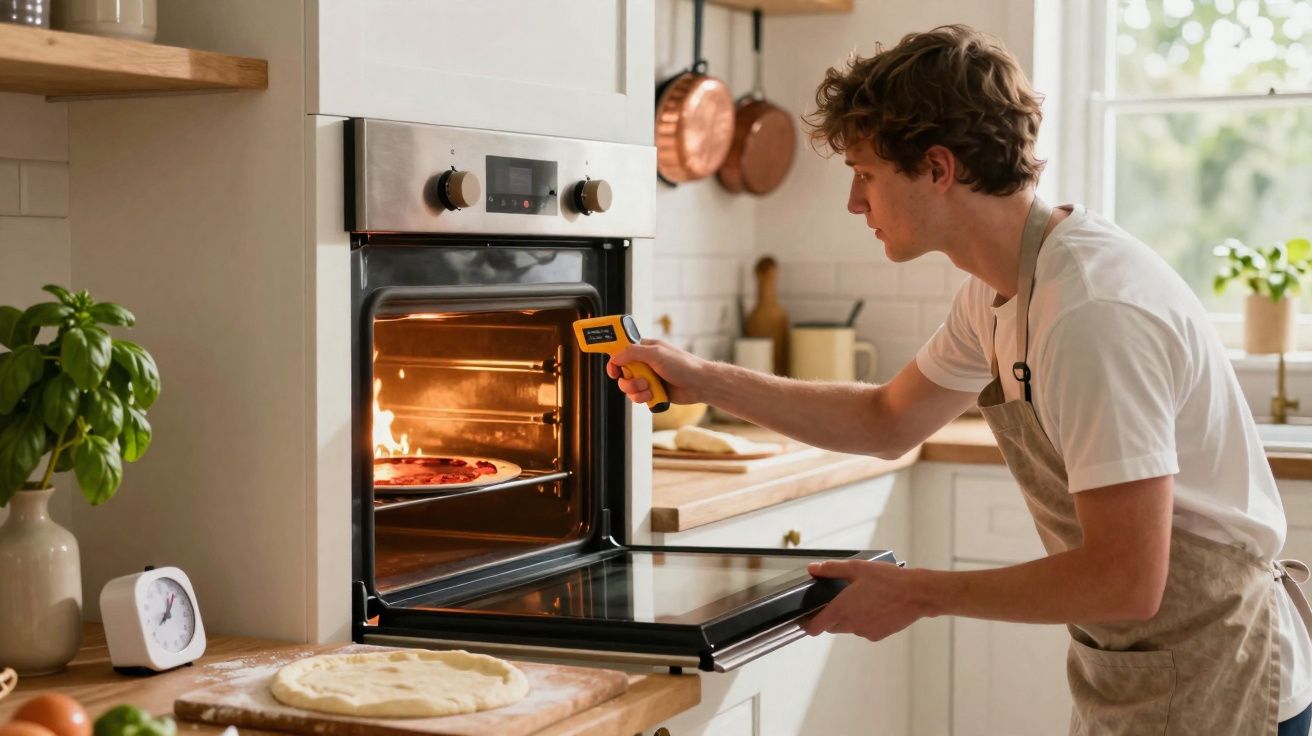 Jovem a medir a temperatura da pizza no forno numa cozinha moderna e iluminada durante o dia.