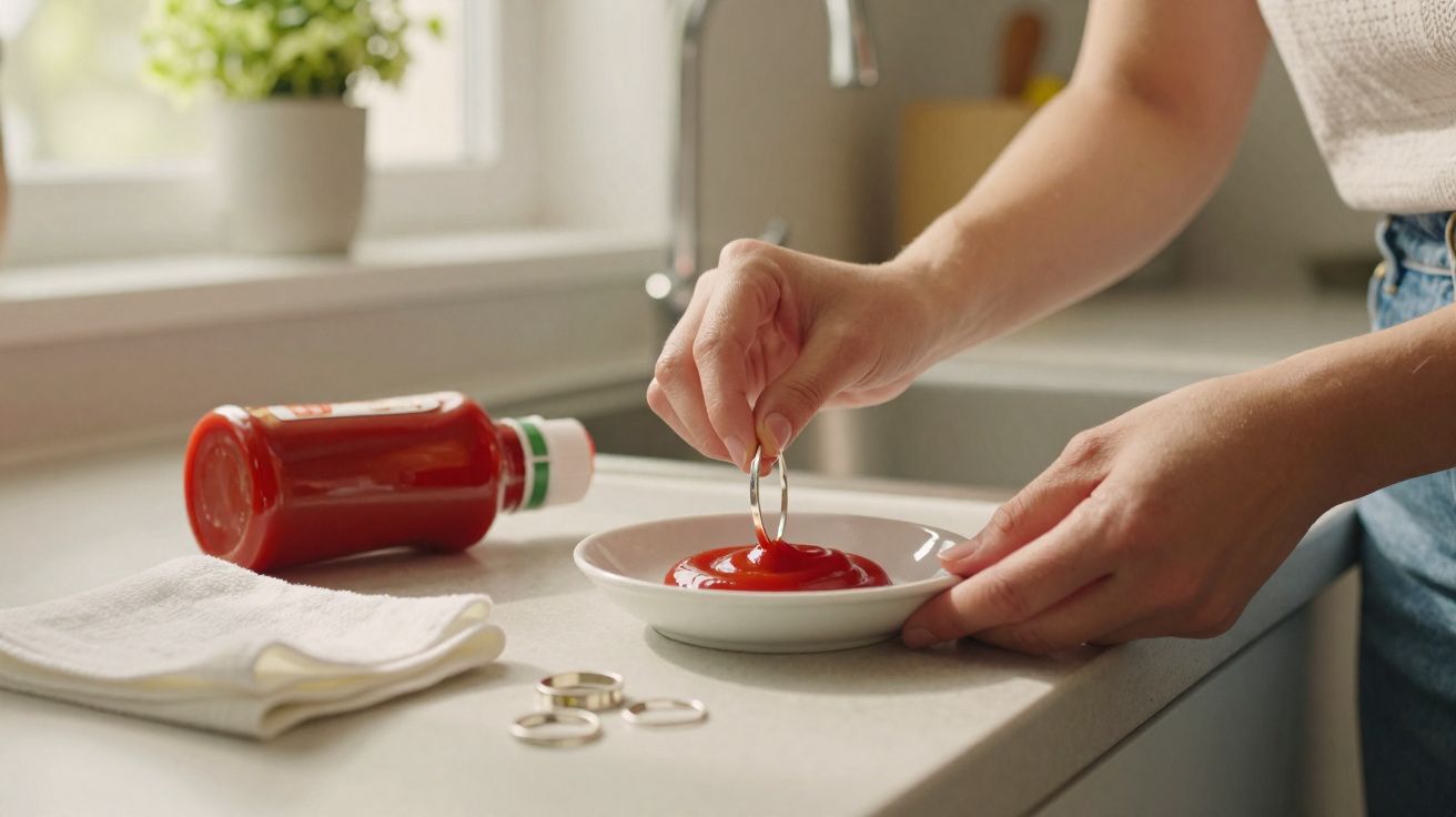 Pessoa a limpar anéis de prata num molho de ketchup numa cozinha luminosa.