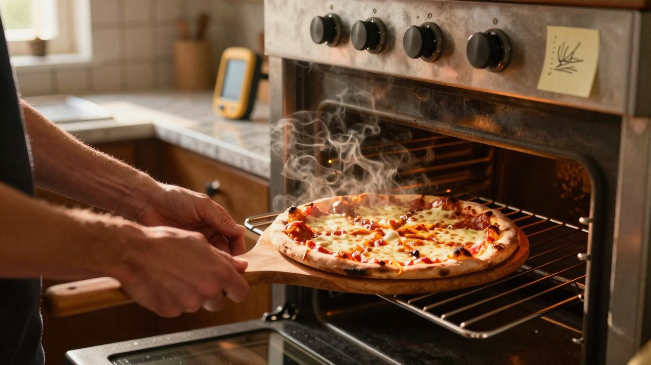 Pessoa a retirar pizza fumegante do forno de cozinha com espátula de madeira.