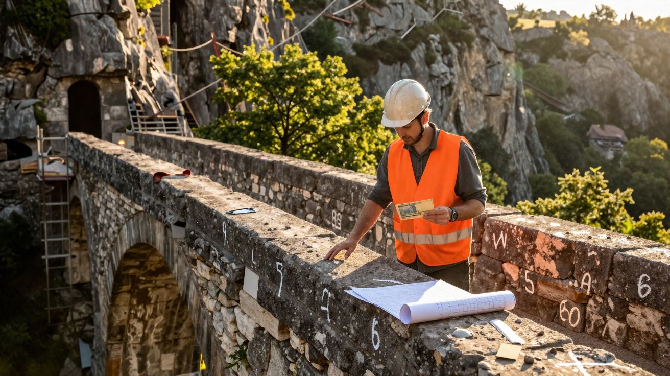 Engenheiro em colete e capacete a analisar plantas numa ponte antiga de pedra em área montanhosa.