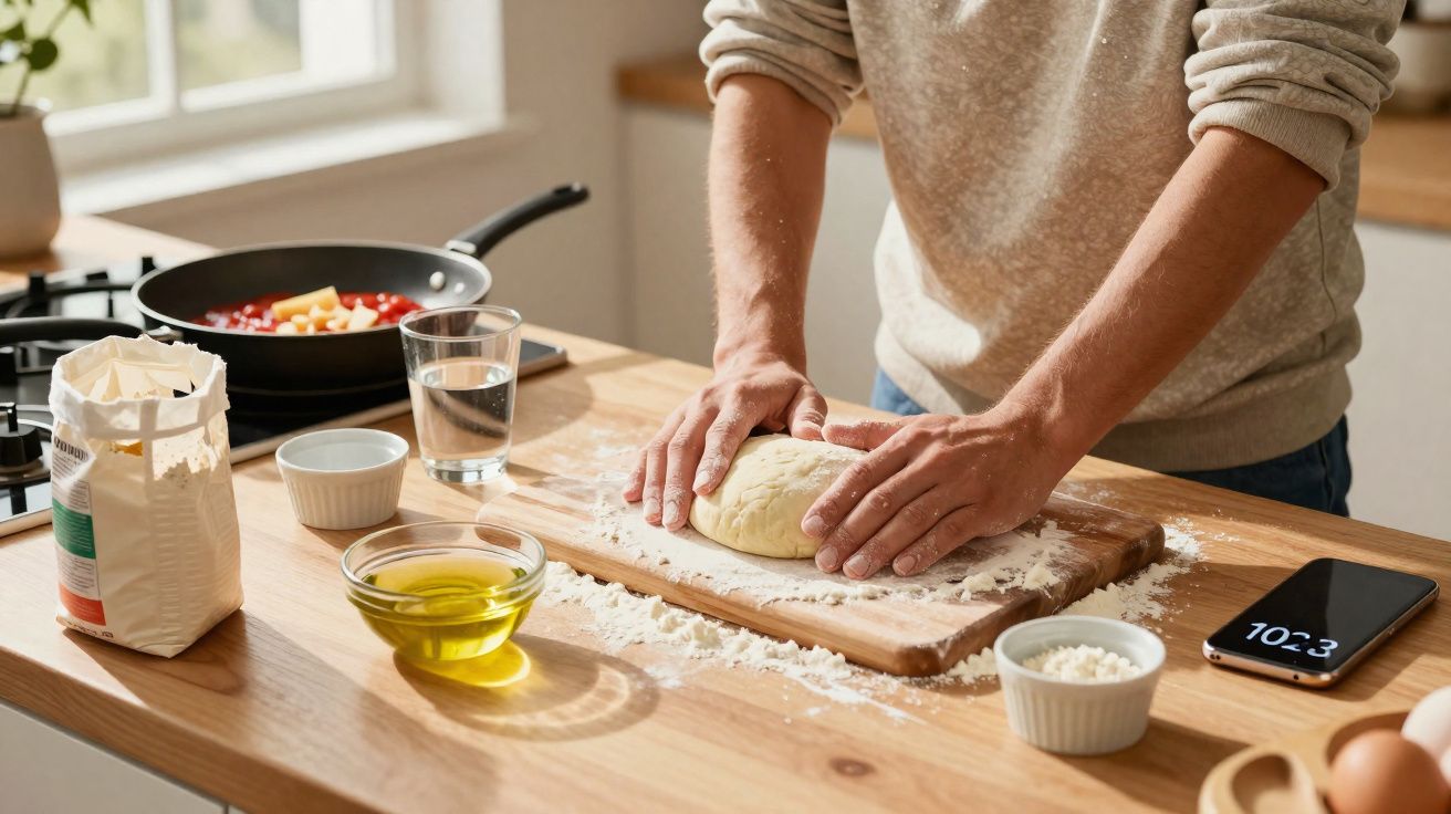 Pessoa a amassar massa numa tábua de madeira numa cozinha iluminada com ingredientes e telemóvel por perto.