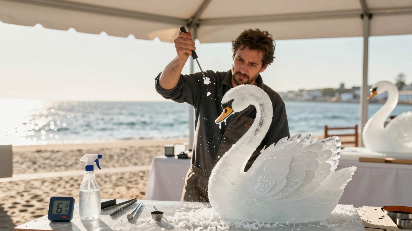 Homem a esculpir um cisne em gelo numa mesa ao ar livre na praia durante o dia.