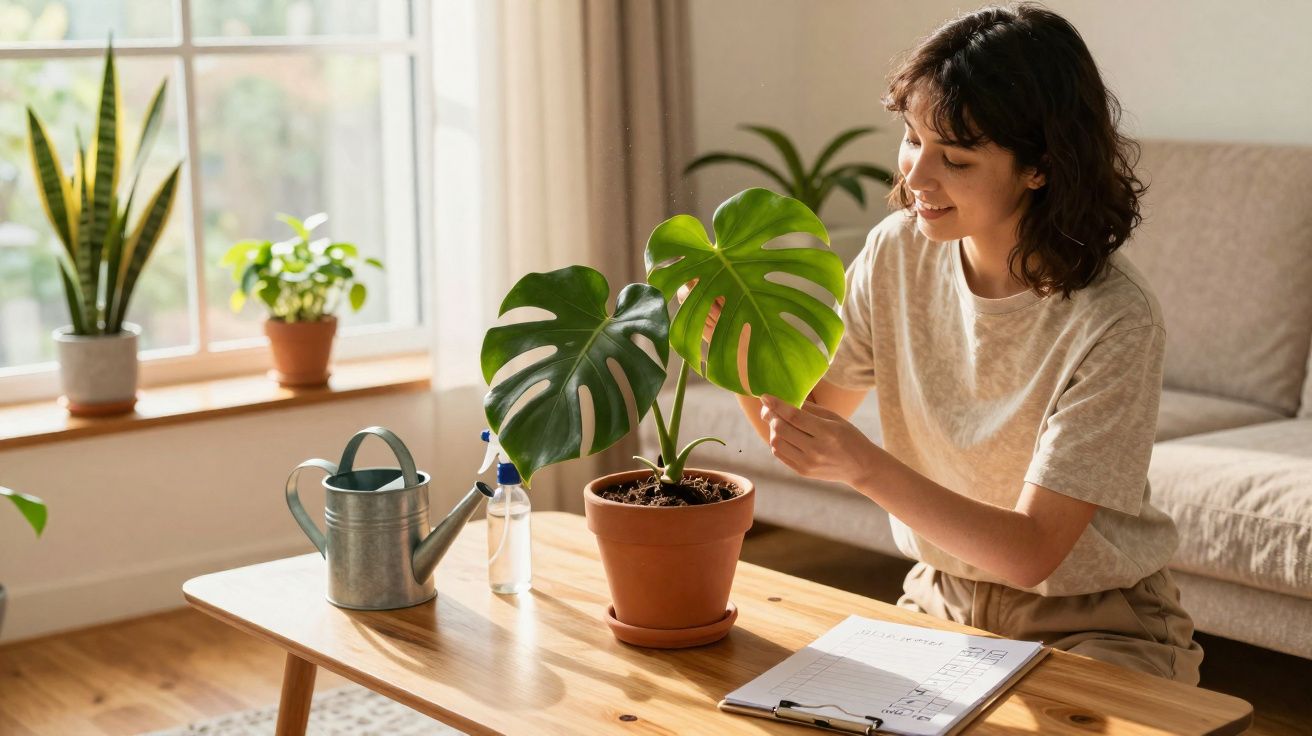 Mulher a cuidar de planta Monstera numa sala iluminada, com regador e folha ao lado.