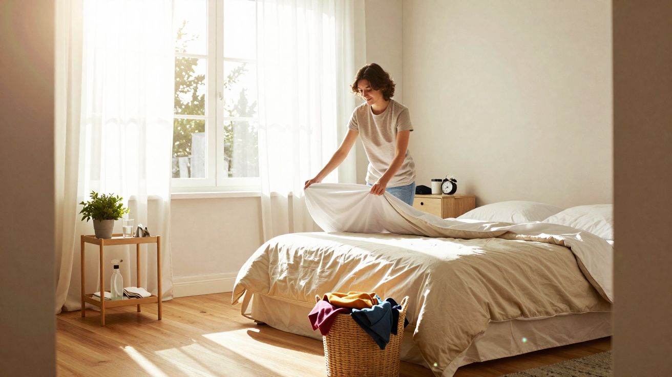 Pessoa jovem a arrumar a cama num quarto luminoso e arejado com janela aberta e roupa no cesto.