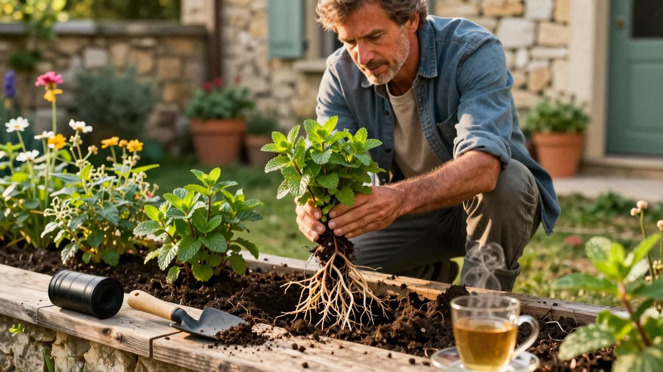Homem a transplantar planta de hortelã num canteiro elevado num jardim caseiro.