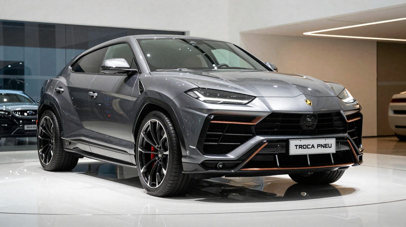 Carro desportivo SUV Lamborghini Urus cinzento exibido em showroom com placa "Troca Pneu".