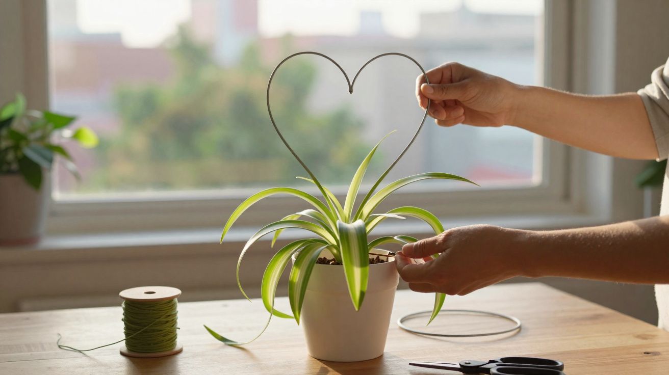 Mãos a segurar fio em forma de coração junto a vaso com planta numa mesa perto da janela.