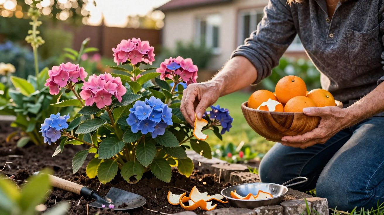 Pessoa a colocar cascas de laranja junto a flores rosa e azuis num jardim ao pôr do sol.