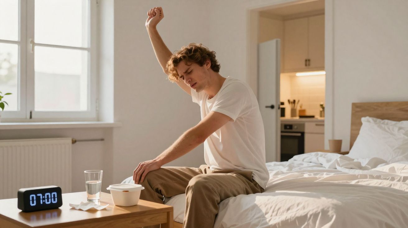 Homem jovem a espreguiçar-se sentado na cama junto a mesa com relógio digital a mostrar 07:00.