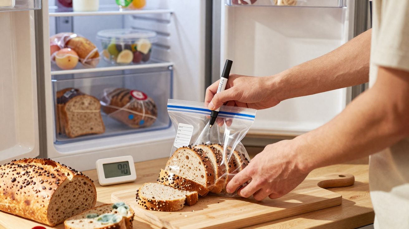 Mãos a colocar fatias de pão com sementes num saco plástico hermético em frente a frigorífico aberto.