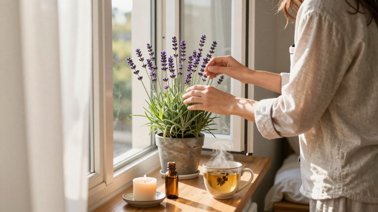 Pessoa a cuidar de planta de lavanda junto a chá quente, vela acesa e frasco no parapeito de janela iluminada.