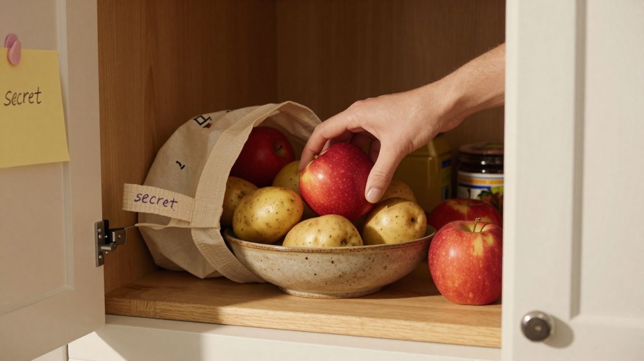 Mão a pegar maçã vermelha numa tábua com batatas dentro de armário de cozinha branco.