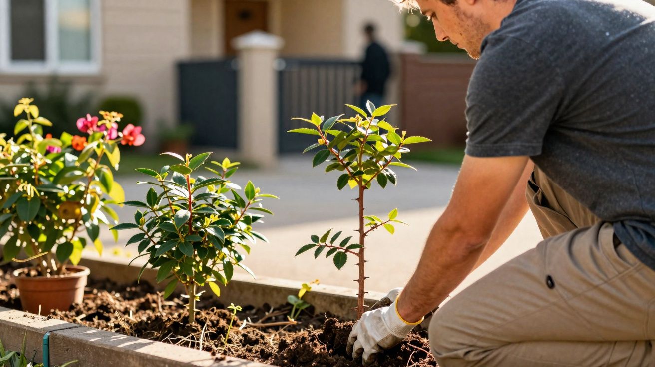 Homem a plantar árvores pequenas num canteiro de jardim junto a uma casa.