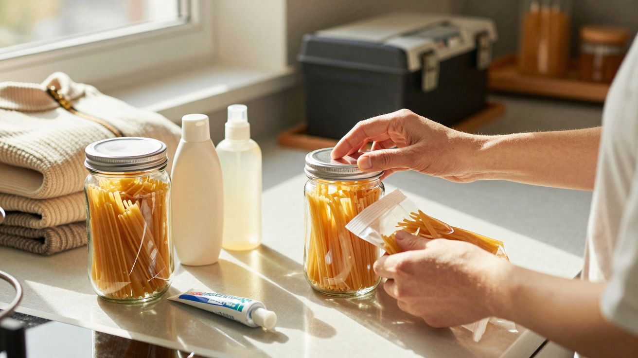 Mãos a colocar massa crua de esparguete em frasco de vidro, com toalhas, cremes e frascos ao lado na bancada.