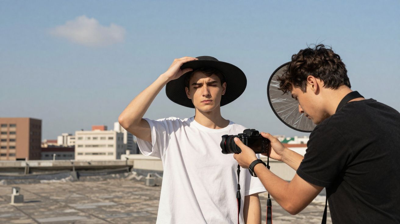 Sessão fotográfica ao ar livre, jovem com chapéu preto e t-shirt branca, fotógrafo a tirar foto com câmara.
