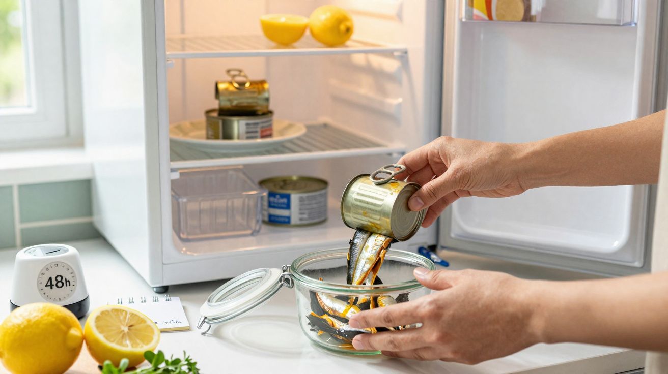Mãos a despejar sardinhas de lata numa taça de vidro à frente de frigorífico aberto com limões ao lado.