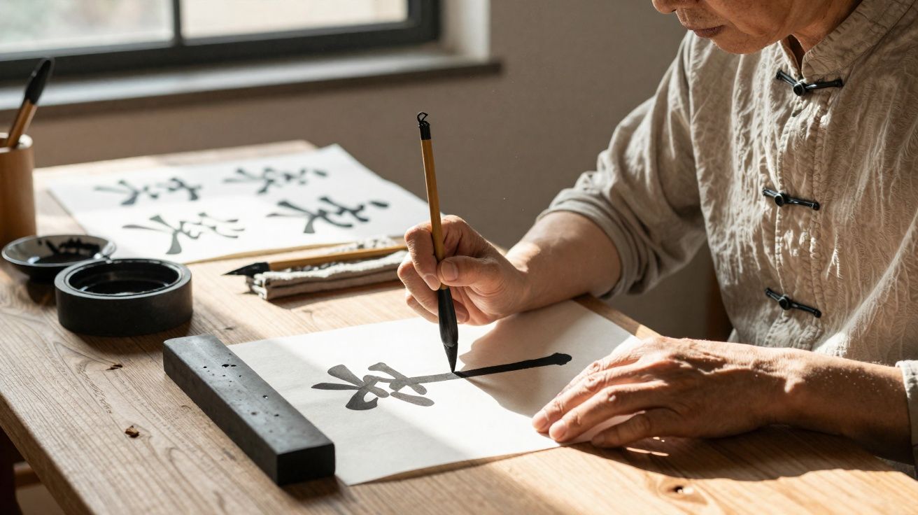 Pessoa a praticar caligrafia chinesa em papel branco com pincel e tinta preta numa mesa de madeira.