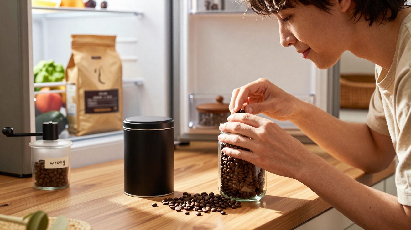 Pessoa a guardar grãos de café em frasco de vidro ao lado de moinho e lata preta numa bancada de cozinha.
