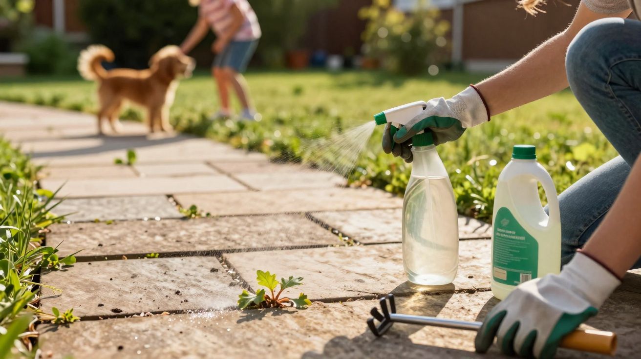 Pessoa a aplicar herbicida num caminho de pedra com um cão e criança ao fundo num jardim ensolarado.